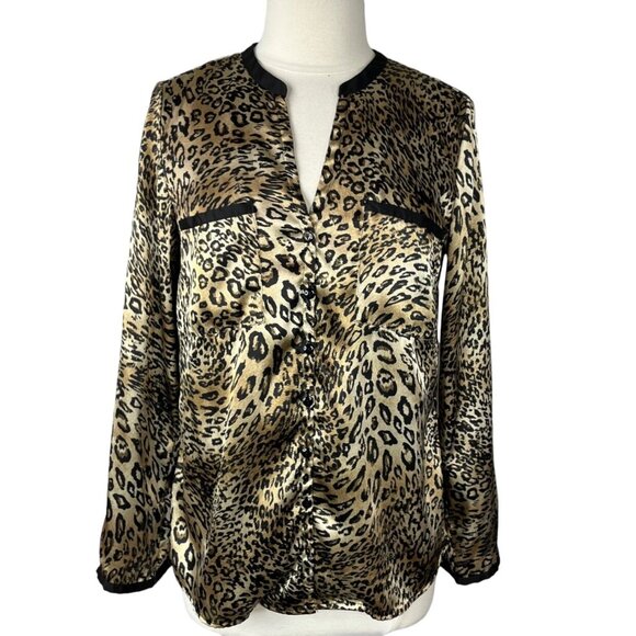 Kasper Separates Button Front Shirt Women Medium Black Brown Leopard Print Silky - Picture 1 of 9